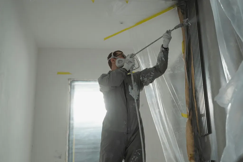 Maschineller Auftrag an einer Wand neben einem abgeklebten Fenster